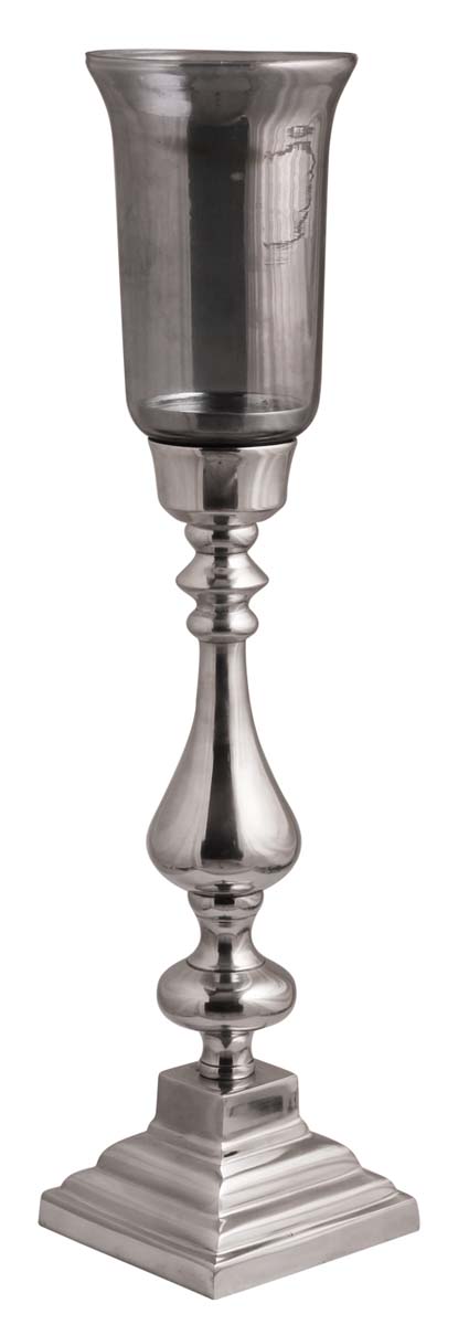26.5” Aluminum Pillar Candle-Stand with Glass Holder – Steel Finish – Handmade Antique-Look Décor / Gifts